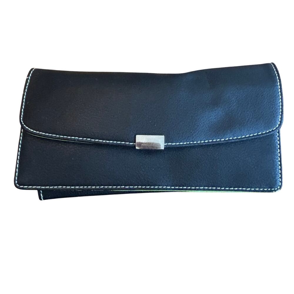 Leather Womans Black Wallet & Checkbook Cover Green Interior & Card Holder NEW